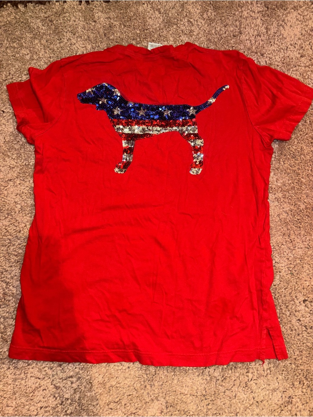 VS PINK Red Sequin Graphic Tee - Patriotic Sequin Puppy Design